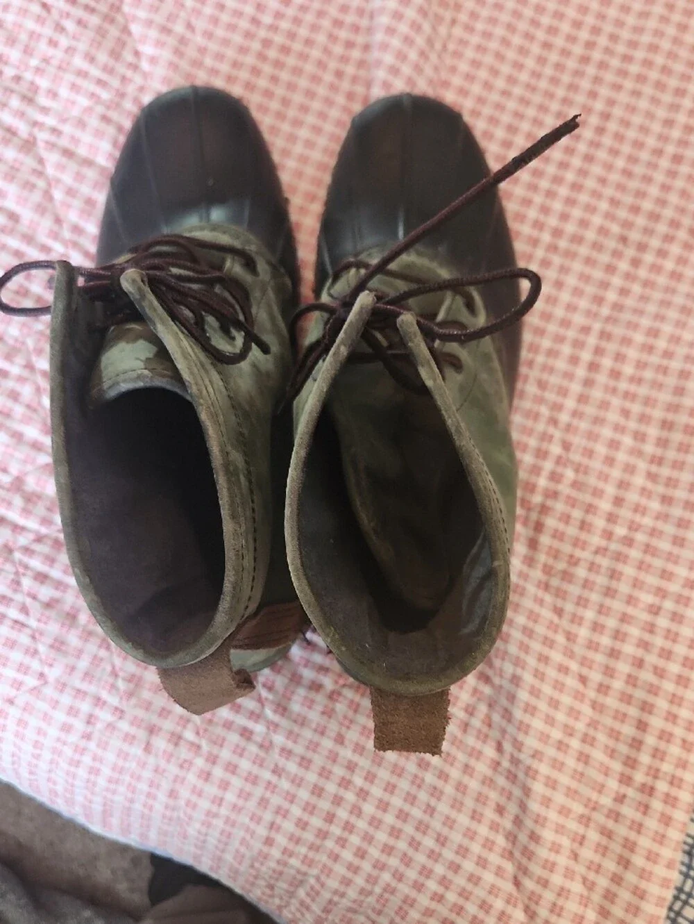 L.L. Bean Olive Green Black Brown Leather Rubber Duck Boots Lined 11M Fishing